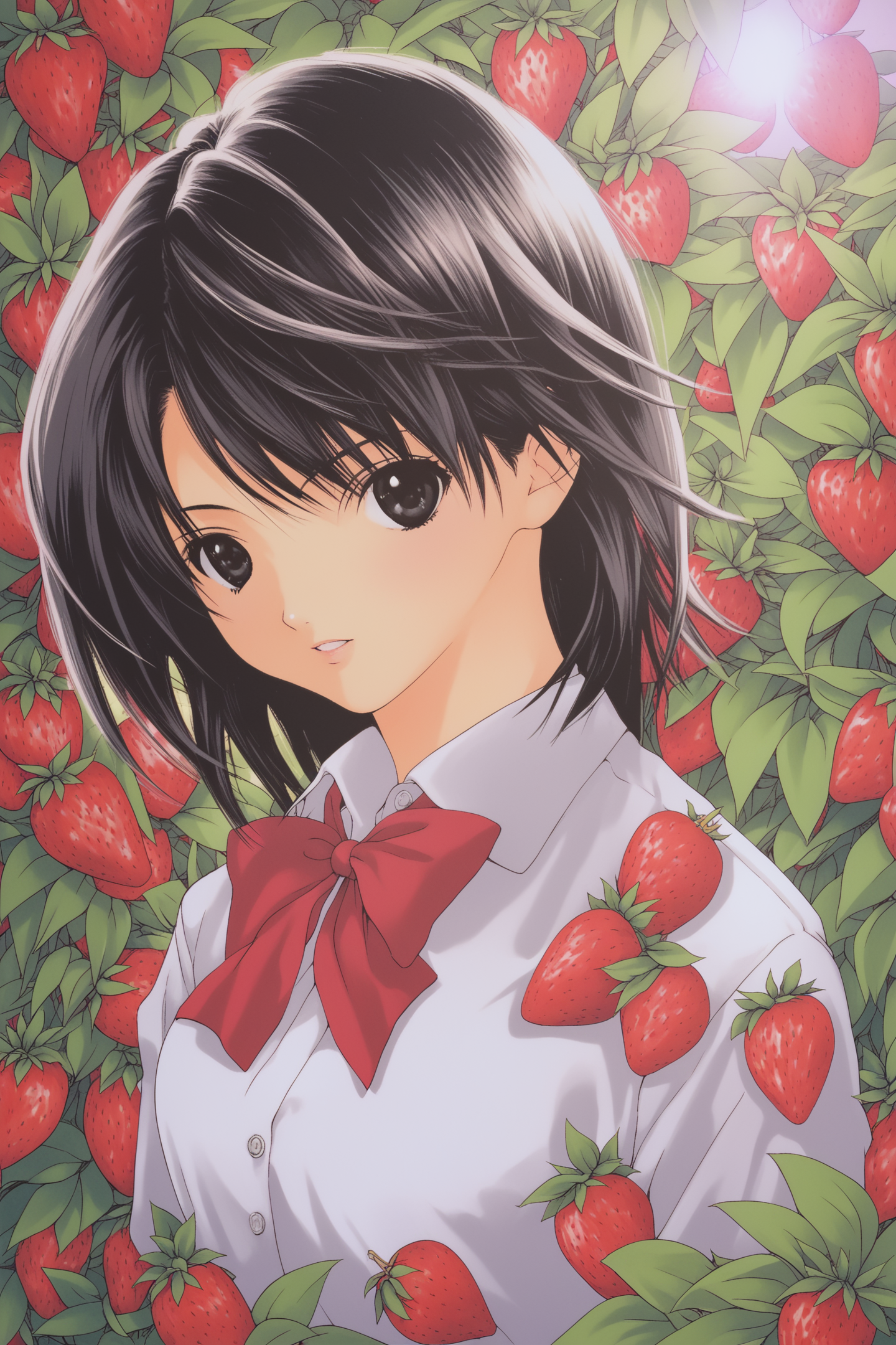 41001-3876348915-score_9,_Toujou Aya,1girl,solo,strawberry,fruit,black hair,black eyes,looking at viewer,school uniform,red bow,medium hair,__lor.png